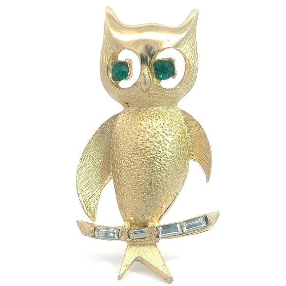Vintage Signed PELL Gold tone Green Clear Rhinestone Owl Brooch Pin - Picture 1 of 10